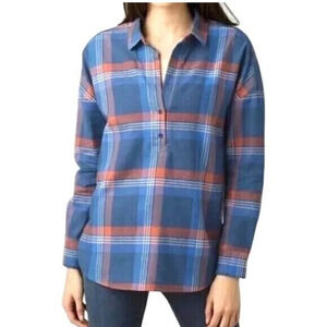 PrAna Dante Flannel Top Plus 2X Admiral Blue & Orange Organic Cotton Hemp Shirt